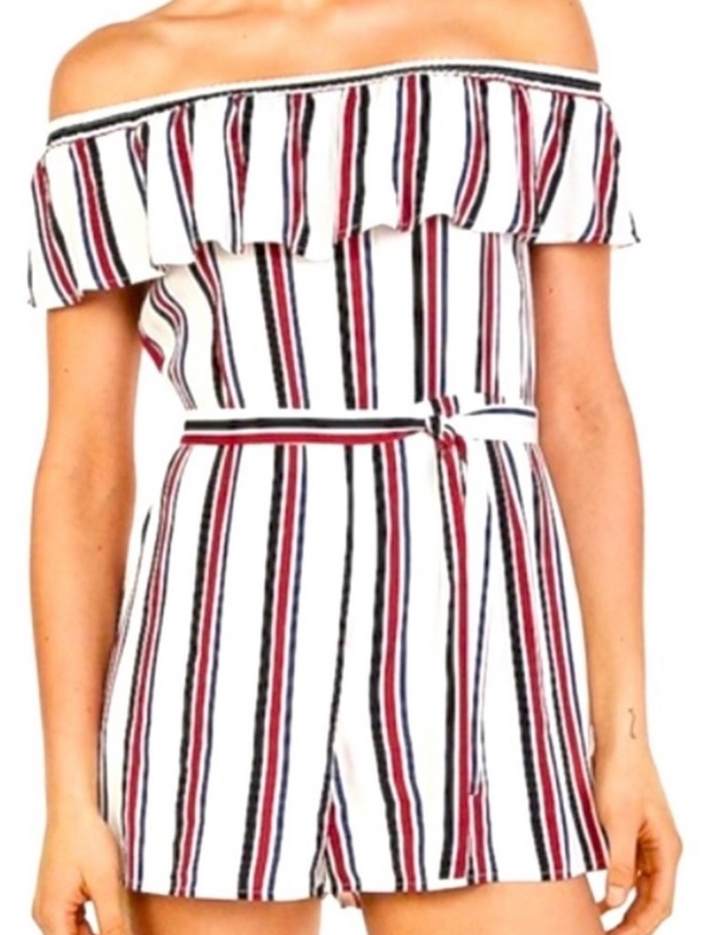 Express Off-Shoulder Striped Romper in Off White , Red , Blue and Black